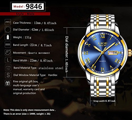 LIGE Hombre Reloj Impermeable Acero Inoxidable Cuarzo Analógico Relojes Moda Casual Deportivos Automático Calendario Reloj para Hombre