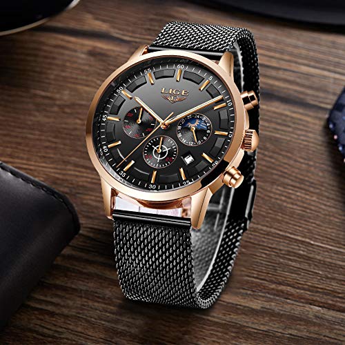 LIGE La Moda Relojes Hombre Negocios Impermeable Cuarzo simulado Reloj Fase Lunar Negro Acero Inoxidable Cinturón de Malla Relojes de Pulsera