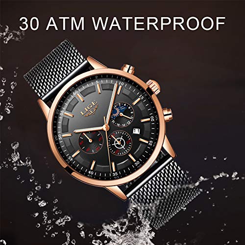 LIGE La Moda Relojes Hombre Negocios Impermeable Cuarzo simulado Reloj Fase Lunar Negro Acero Inoxidable Cinturón de Malla Relojes de Pulsera