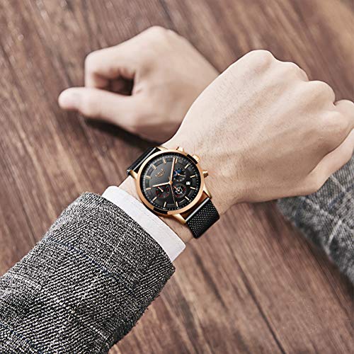 LIGE La Moda Relojes Hombre Negocios Impermeable Cuarzo simulado Reloj Fase Lunar Negro Acero Inoxidable Cinturón de Malla Relojes de Pulsera