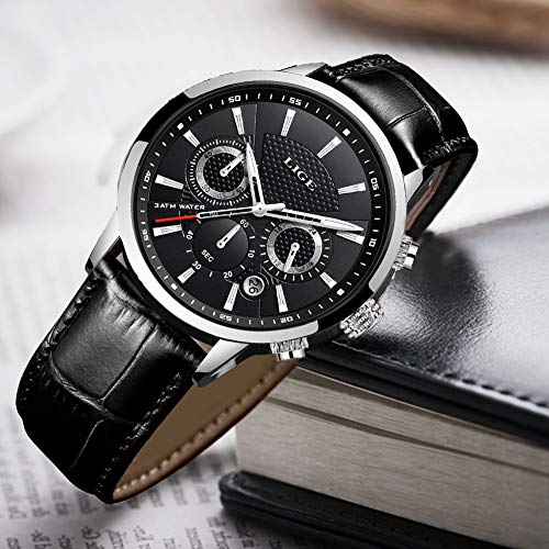 LIGE Reloj Hombre Moda CronóGrafo Impermeable Cuarzo AnalóGico Acero Inoxidable Cuero Brazalete Negocios Casual Calendario Reloj