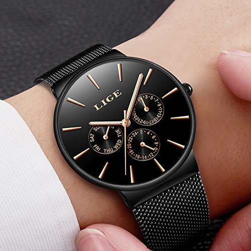 LIGE Relojes Hombres Impermeable Deportes Cuarzo Analógico Reloj Hombre Moda Negro Acero Inoxidable Malla