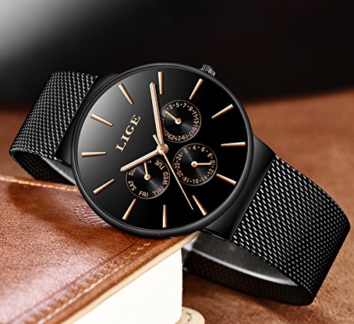 LIGE Relojes Hombres Impermeable Deportes Cuarzo Analógico Reloj Hombre Moda Negro Acero Inoxidable Malla