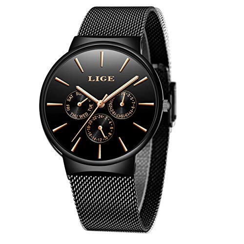 LIGE Relojes Hombres Impermeable Deportes Cuarzo Analógico Reloj Hombre Moda Negro Acero Inoxidable Malla