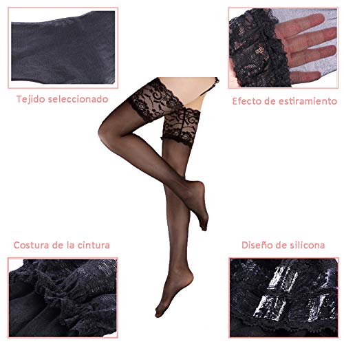 Ligueros Encaje & Medias Autoadhesivas Elásticos Sexy para Mujer, Liguero Misterioso de 4 Vintage Metal Clips Ajustables y Calcetines Altas Muslo Antideslizantes Conjuntos Opcionales