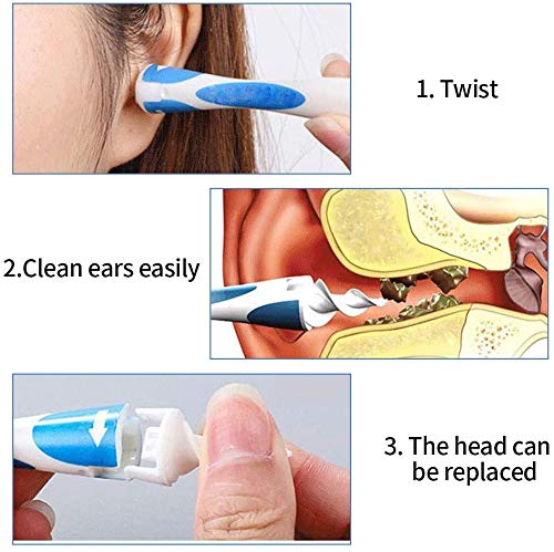 Limpia Cera Oidos,Q grips Cera Oidos,Removedor de Cera de Oído,Kit de limpieza Para Oídos Sistema Espiral Inteligente con Mango y 16 Puntas Lavables Seguro y Suave Adecuado para Niños y Familias(Azul)