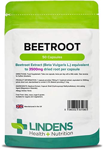 Lindens Remolacha MUY POTENTE 3500mg cápsulas 50 Pack GB fabricante apto para Veganos y VEGETARIANOS