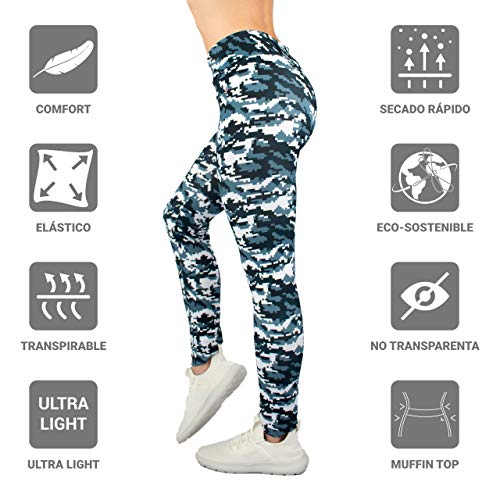 Lindissims Legging Eco-Sostenible Aqua Digital Cammo Mallas Deporte, Pantalones Deportivos, Cintura Alta, Yoga, Running, Fitness…