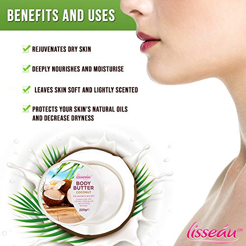 Lisseau Manteca de coco orgánica con antioxidantes, protege y repara el cuerpo, la piel dañada y excelentes propiedades antienvejecimiento Pack de 3 (220 gramos)