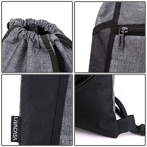 LIVACASA Mochilas de Cuerdas Hombre Mujer Grandes Bolsas de Cuerdas Gimnasio Cordones Cómodos Ajustable con Malla de Bolsillos para Botellas y Bolsillo Laterial Delantero A Prueba de Agua Gris