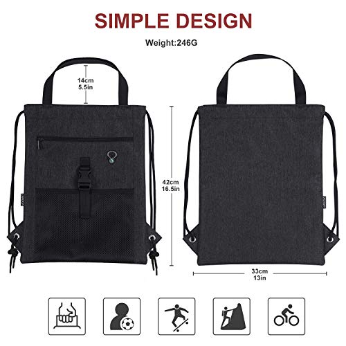 LIVACASA Mochilas de Cuerdas Mujer Hombre Bolsa de Cuerdas Bolsillos Mallas Exteriores A Prueba de Agua Toma USB para Auriculares Bolsa de Mano para Trabajo Escuela Yoga Gimnasio Negro