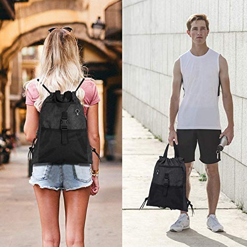 LIVACASA Mochilas de Cuerdas Mujer Hombre Bolsa de Cuerdas Bolsillos Mallas Exteriores A Prueba de Agua Toma USB para Auriculares Bolsa de Mano para Trabajo Escuela Yoga Gimnasio Negro