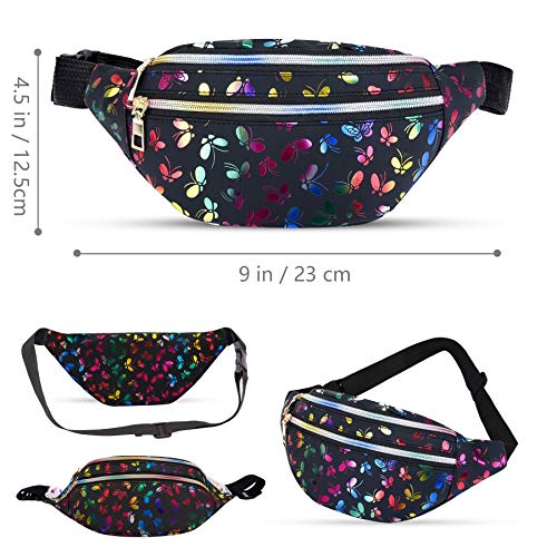 LIVACASA Riñoneras Mujeres de Moda Riñoneras Deportivas Impermeables Plegable Brillante Bolsas de Cintura Running Paseo de Marcha PU Material Unisex (Mariposa Negro, 31 * 13 * 8CM)