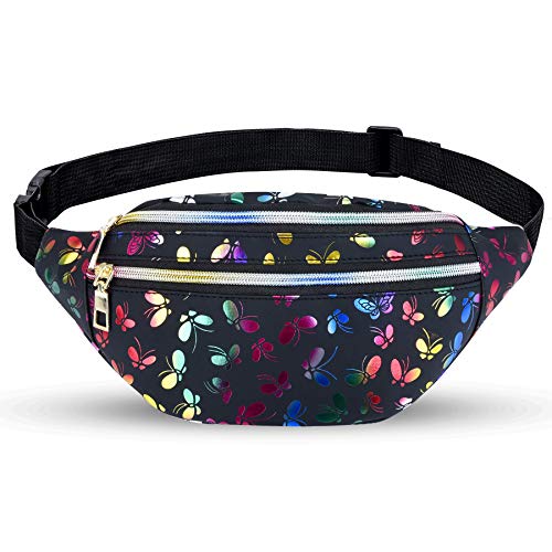 LIVACASA Riñoneras Mujeres de Moda Riñoneras Deportivas Impermeables Plegable Brillante Bolsas de Cintura Running Paseo de Marcha PU Material Unisex (Mariposa Negro, 31 * 13 * 8CM)