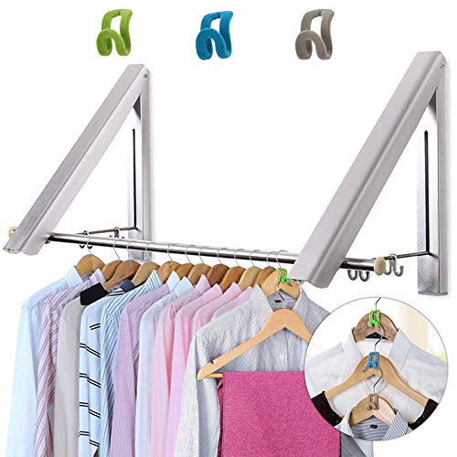 LIVEHITOP Plegable Perchero de Pared 2 Piezas, Abatible Aluminio Ropa Percha Organizador con Ganchos y Tubo para Sala, Cuarto, Baño, Balcón, Oficina, Ahorra Espacio