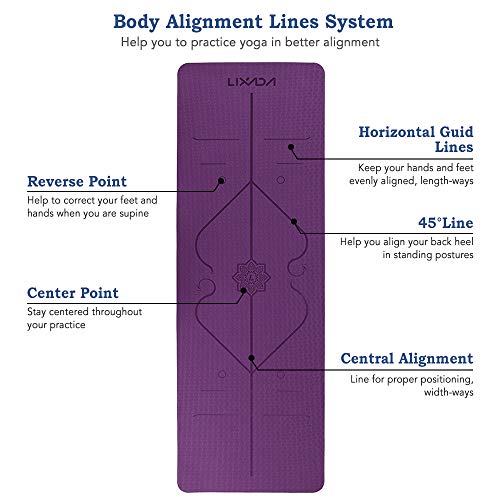 Lixada Esterilla de Yoga Antideslizante TPE Insípido con Línea de Posición Correa y Bolsa para Pilates Fitness Culturismo 183 * 61 * 0.6cm