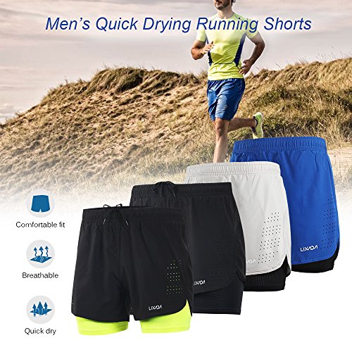 Lixada Hombres Pantalónes Cortos de Running 2-en-1, Pantalones Cortos de Atletismo, Pantalones Cortos de Fitness Maratón, Transpirable Pantalones+Secado Rápido (Verde, M)