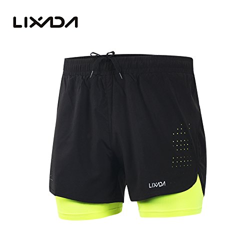 Lixada Hombres Pantalónes Cortos de Running 2-en-1, Pantalones Cortos de Atletismo, Pantalones Cortos de Fitness Maratón, Transpirable Pantalones+Secado Rápido (Verde, M)