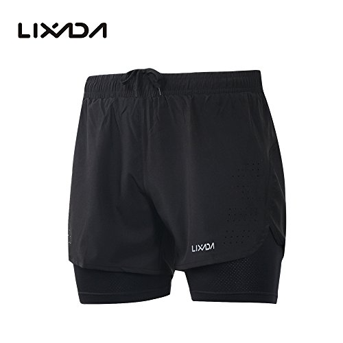 Lixada Hombres Pantalónes Cortos de Running 2-en-1, Pantalones Cortos de Atletismo, Pantalones Cortos de Fitness Maratón, Transpirable Pantalones+Secado Rápido (Negro, L)