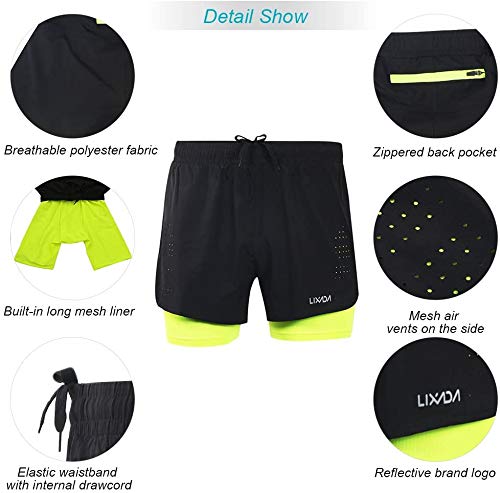 Lixada Hombres Pantalónes Cortos de Running 2-en-1, Pantalones Cortos de Atletismo, Pantalones Cortos de Fitness Maratón, Transpirable Pantalones+Secado Rápido (Azul, M)