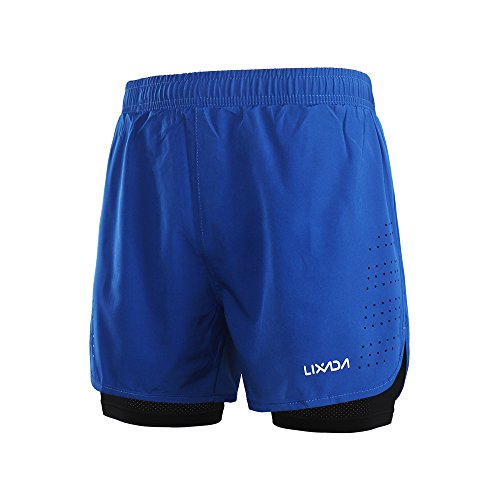 Lixada Hombres Pantalónes Cortos de Running 2-en-1, Pantalones Cortos de Atletismo, Pantalones Cortos de Fitness Maratón, Transpirable Pantalones+Secado Rápido (Azul, M)