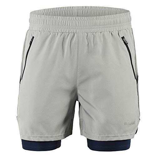 "Lixada Hombres Pantalónes Cortos de Running 2-en-1, Pantalones Cortos de Atletismo/Pantalones Cortos de Fitness Maratón, Transpirable Pantalones+Secado Rápido, color Gris, Talla M