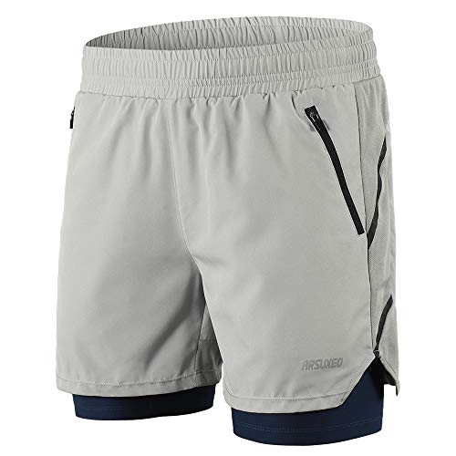 "Lixada Hombres Pantalónes Cortos de Running 2-en-1, Pantalones Cortos de Atletismo/Pantalones Cortos de Fitness Maratón, Transpirable Pantalones+Secado Rápido, color Gris, Talla M