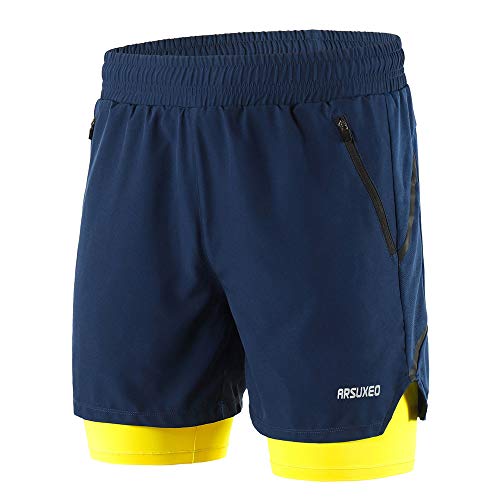 Lixada Hombres Pantalónes Cortos de Running 2-en-1, Pantalones Cortos de Atletismo/Pantalones Cortos de Fitness Maratón, Transpirable Pantalones+Secado Rápido