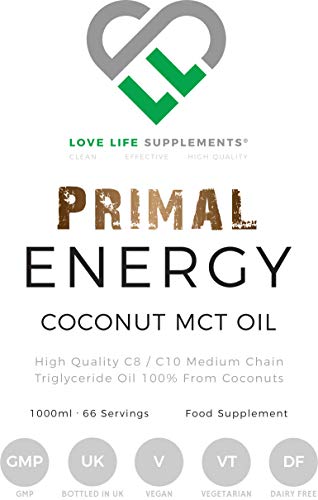 LLS Primal Energy MCT Oil | Botella de 1000ml | Triglicéridos de cadena media de coco al 100% | Producido en el Reino Unido bajo licencia de GMP