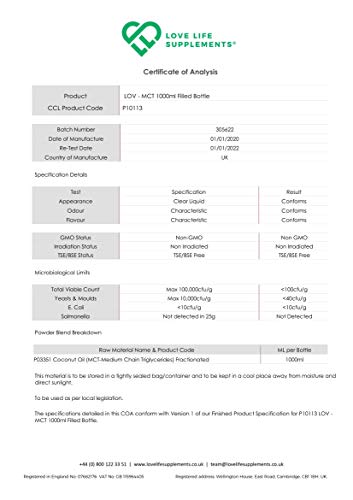 LLS Primal Energy MCT Oil | Botella de 1000ml | Triglicéridos de cadena media de coco al 100% | Producido en el Reino Unido bajo licencia de GMP