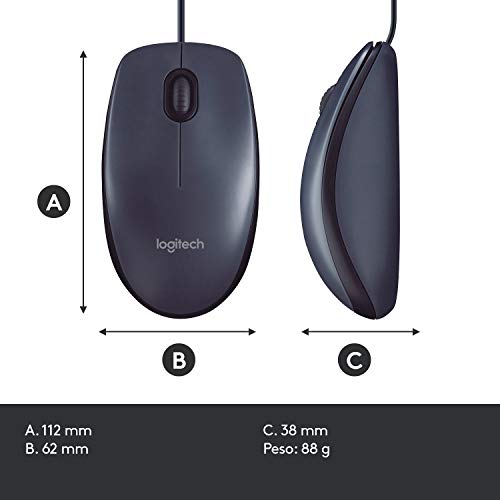 Logitech B100 Ratón con Cable, 3 Botones, Seguimiento Óptico, Ambidiestro, PC/Mac/Portátil, Negro