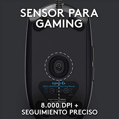 Logitech G203 LIGHTSYNC Ratón con iluminación RGB personalizable para gaming, 6 botones programables, sensor para gaming, seguimiento de hasta 8.000 dpi, peso ligero,G203 2ª Gen.,Negro