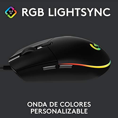 Logitech G203 LIGHTSYNC Ratón con iluminación RGB personalizable para gaming, 6 botones programables, sensor para gaming, seguimiento de hasta 8.000 dpi, peso ligero,G203 2ª Gen.,Negro