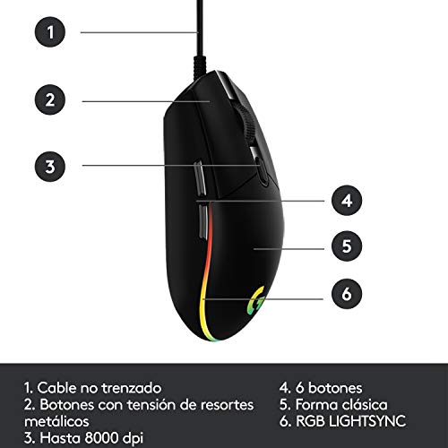 Logitech G203 LIGHTSYNC Ratón con iluminación RGB personalizable para gaming, 6 botones programables, sensor para gaming, seguimiento de hasta 8.000 dpi, peso ligero,G203 2ª Gen.,Negro