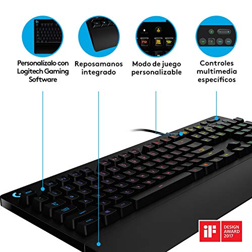 Logitech G213 Prodigy Teclado Gaming, Retroiluminación RGB LIGHTSYNC, Resistente a Salpicaduras, Personalizable, Controles Multimedia, Disposición QWERTY Español, Negro