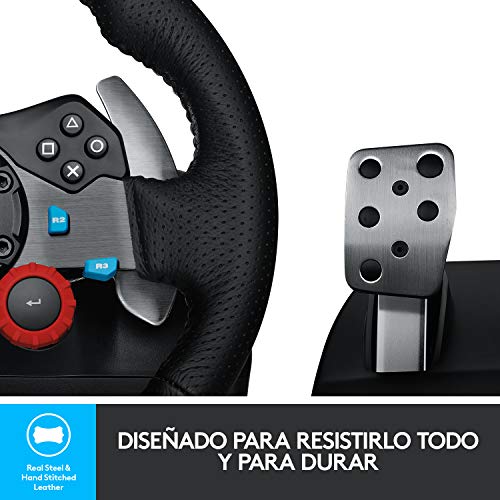 Logitech G29 Driving Force Volante de Carreras y Pedales, Force Feedback, Aluminio Anodizado, Palancas de cambio, Volante de Cuero, Pedales Ajustables, Enchufe EU, PS4/PS3/PC/Mac, Negro