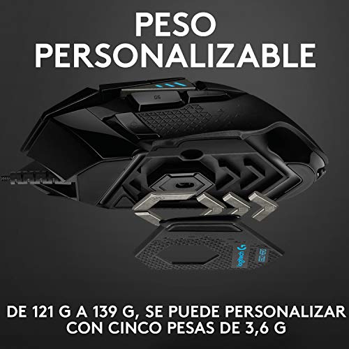 Logitech G502 HERO Ratón Gaming con Cable Alto Rendimiento, Sensor HERO 16K, 16 000 DPI, RGB, Peso Personalizable, 11 Botones Programables, Memoria Integrada, PC /Mac - Negro