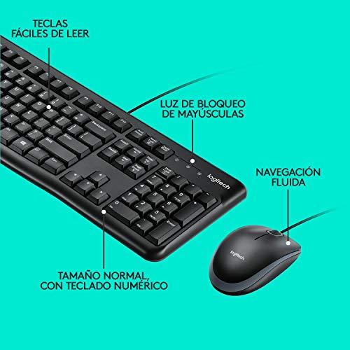 Logitech MK120 Combo Teclado y Ratón con Cable para Windows, Ratón Óptico con Cable, Conexión USB Plug And Play, Cómodo, Tamaño Normal, PC/Portátil, Disposición QWERTY Español, color Negro