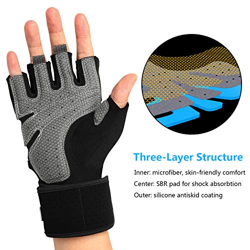 LOHOTEK Guantes Gimnasio Hombre Mujer Guantes Acolchados Unisex de Levantamiento de Pesos Guantes de Trabajo con Soporte de Muñeca para Ejercicio Físico Gimnasio al Aire Libre (Negro, XL)