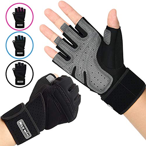 LOHOTEK Guantes Gimnasio Hombre Mujer Guantes Acolchados Unisex de Levantamiento de Pesos Guantes de Trabajo con Soporte de Muñeca para Ejercicio Físico Gimnasio al Aire Libre (Negro, XL)