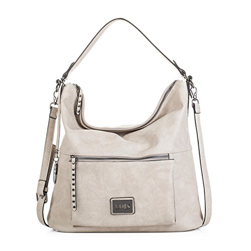 Lois - Bolso de Mujer Grande Tipo Hobo. Asa Larga y Bandolera. Cuero PU. Ideal para Uso Diario Viaje o Compras. Práctico Cómodo y Elegante. Calidad y Diseño. 92770, Color Beige