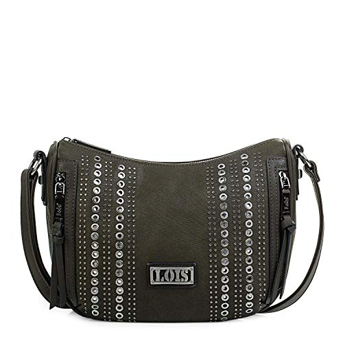 Lois - Bolso Pequeño Bandolera para Mujer Tipo Góndola. Bolsillos Delante y Detrás. Cuero PU y Remaches. Ideal para Diario. Resistente y Funcional. Marca Diseño y Calidad. 94456, Color Oliva