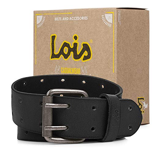 Lois - Cinturón de Cuero Piel Genuina. Hebilla Doble Pasador. Cómodo Flexible y Duradero. Caja para Regalo. Para Vaqueros. Calidad Diseño y Marca. Ancho 40 mm. 501002, Color Negro