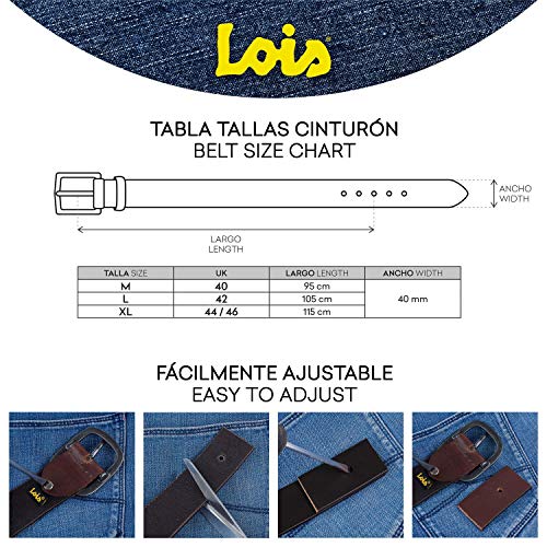 Lois - Cinturón para Hombre de Cuero Piel Genuina. Hebilla Metálica. Logo Troquelado. Resistente Flexible Clásico y Duradero. Caja para Regalo Original. Ancho 40 mm. 49023, Color Marron