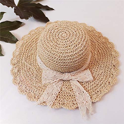 LOPILY Sombrero de Playa Gorra de Sol de ala Ancha Verano Sombrero de Sol Plegable Casquillo al Aire Libre Suave Transpirable Sombrero de Paja Bowknot Accesorios para Mujer y niña(Beige)