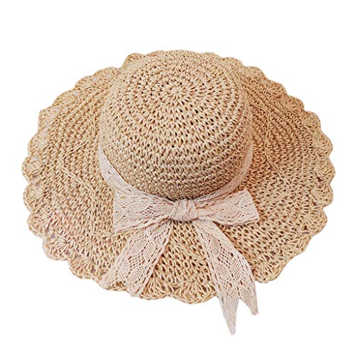 LOPILY Sombrero de Playa Gorra de Sol de ala Ancha Verano Sombrero de Sol Plegable Casquillo al Aire Libre Suave Transpirable Sombrero de Paja Bowknot Accesorios para Mujer y niña(Beige)