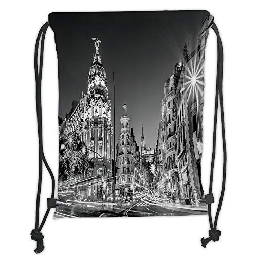 LULUZXOA Gym Bag Printed Drawstring Sack Backpacks Bags,Black and White Decorations,Madrid City Night Spain Main Street Ancient Architecture Decorative,Grey Soft Satin