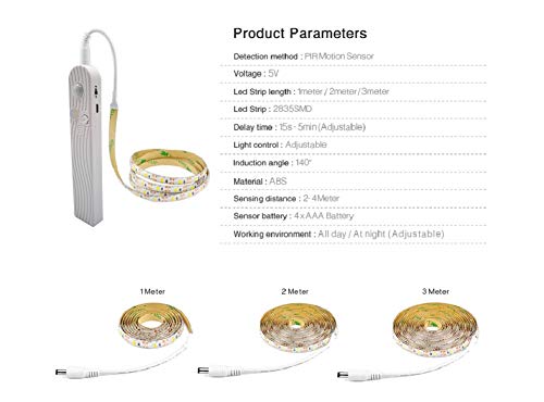 Luz de armario de sensor de movimiento, 2M 120 LED 4000K Tira de LED blanco cálido, USB o con batería, noche para armario, Armario, Debajo del gabinete, Escaleras, Cajón, Iluminación nocturna