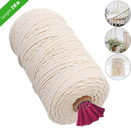 Macrame Cuerda 3mm x 210m,Hilo Macrame 3mm,Cuerda macramé 3mm Cordón Hilo de Cuerda Algodón Cordel Natural Colgante de Pared de Macramé Bricolaje Artesanía Tejido Cordón Tejer Decoración Envolver