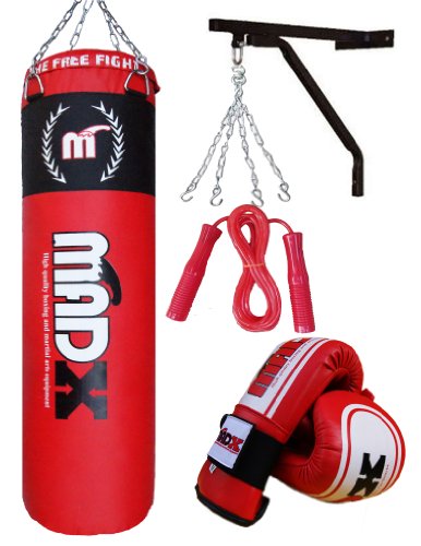 MADX - Juego de boxeo con saco de piel (1,2 m), guantes, soporte de pared y diversos accesorios